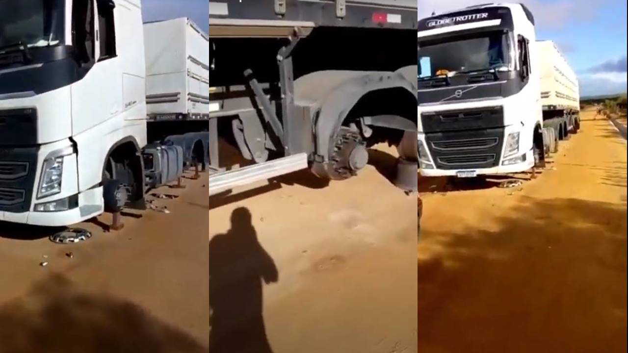 Bandidos deixam caminhão sem as rodas após assalto em estrada de terra