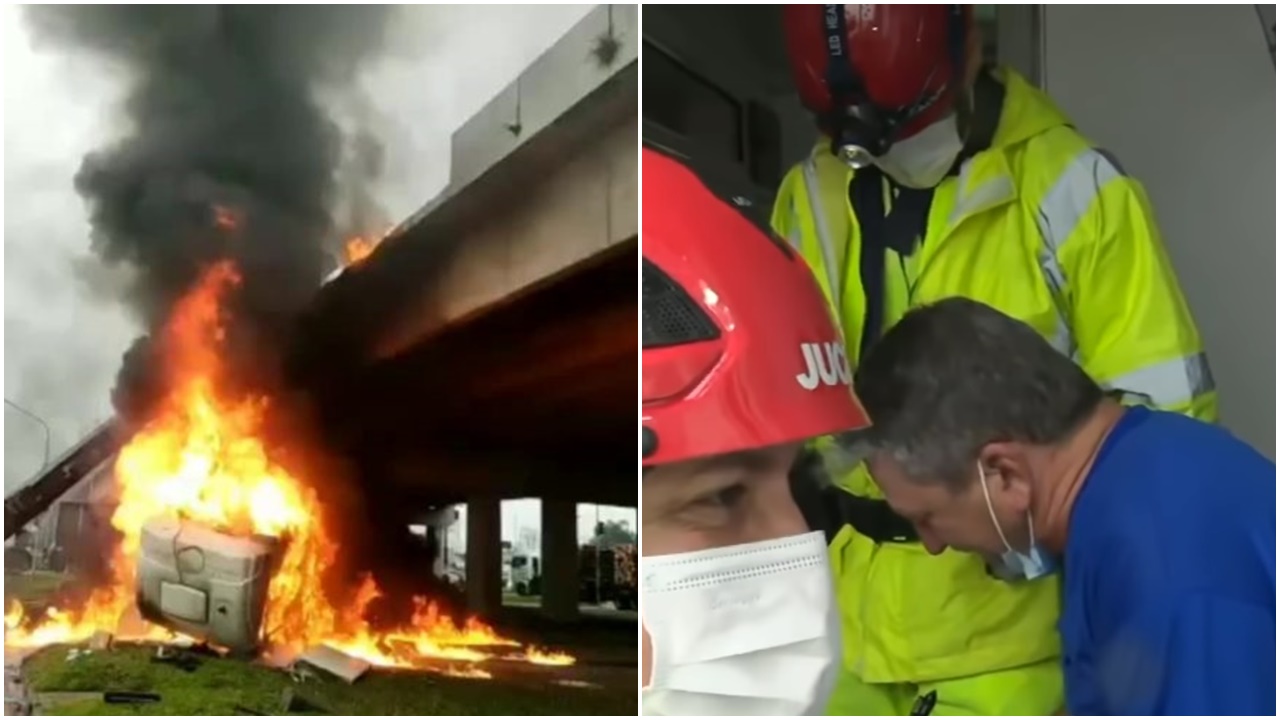 Caminhão cai de viaduto na BR-101 e pega fogo