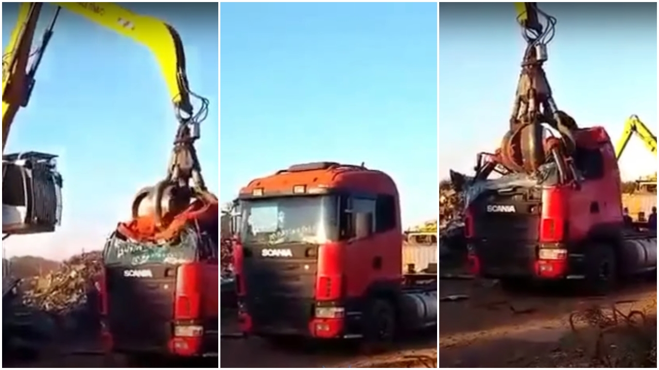 Vídeo mostra caminhão sendo destruído em ferro velho