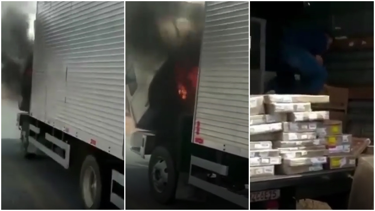 Vídeo que circula nas redes sociais, mostra um caminhão da Magazine Luiza em chamas