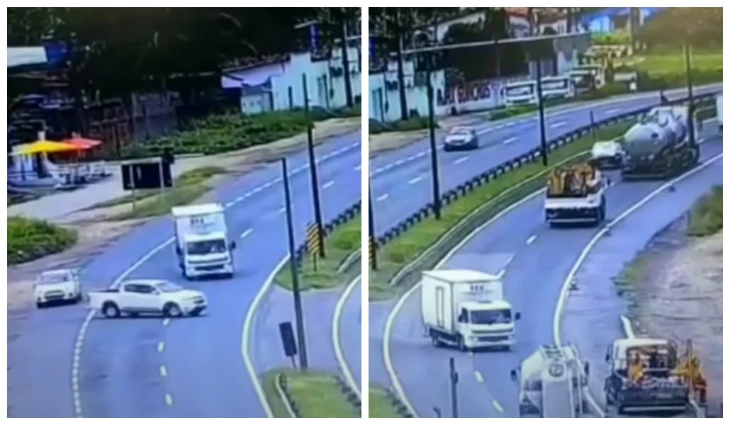 Caminhonete cruza rodovia e caminhoneiro invade contramão e dá de frente com caminhão