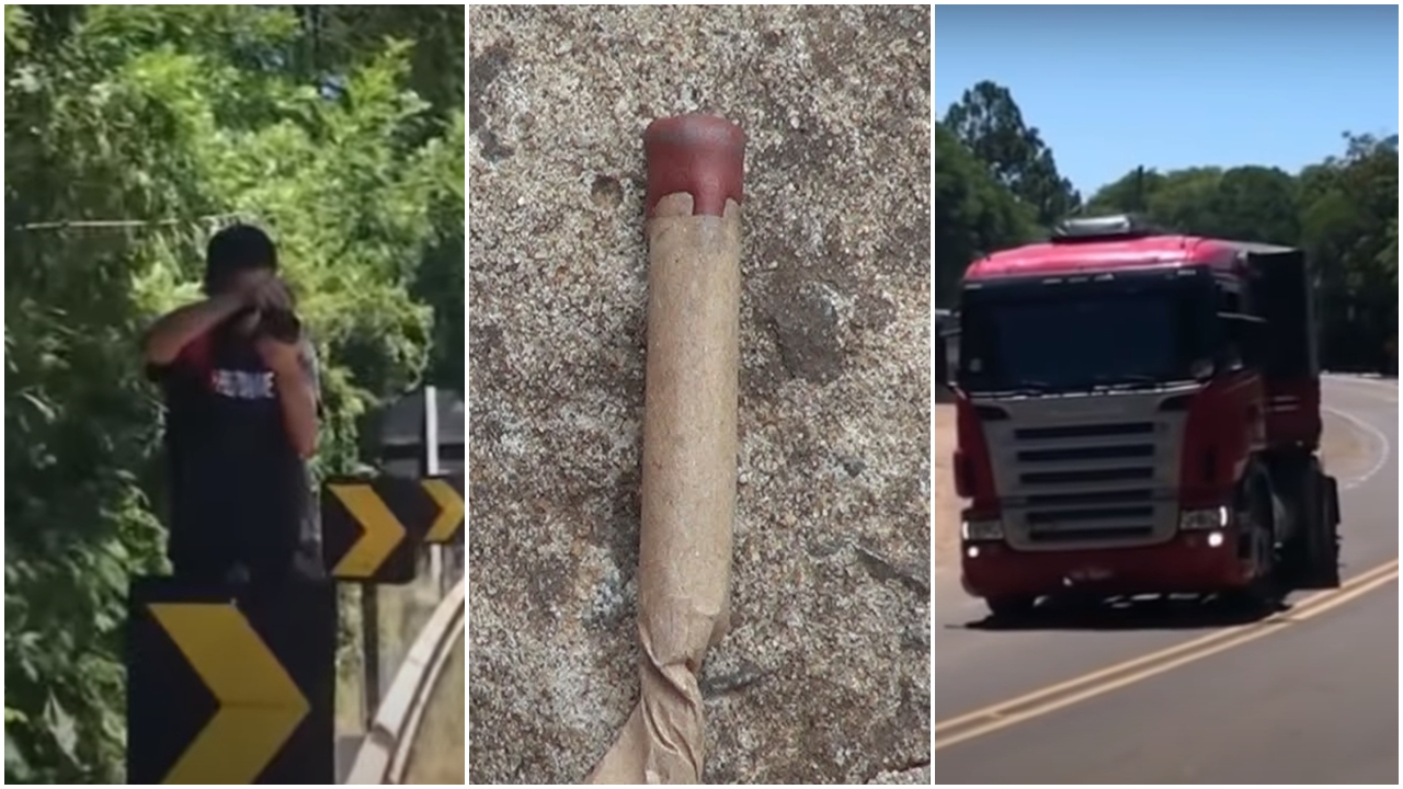 Video mostra caminhoneiro acendendo bombinha e jogando em flogueiros