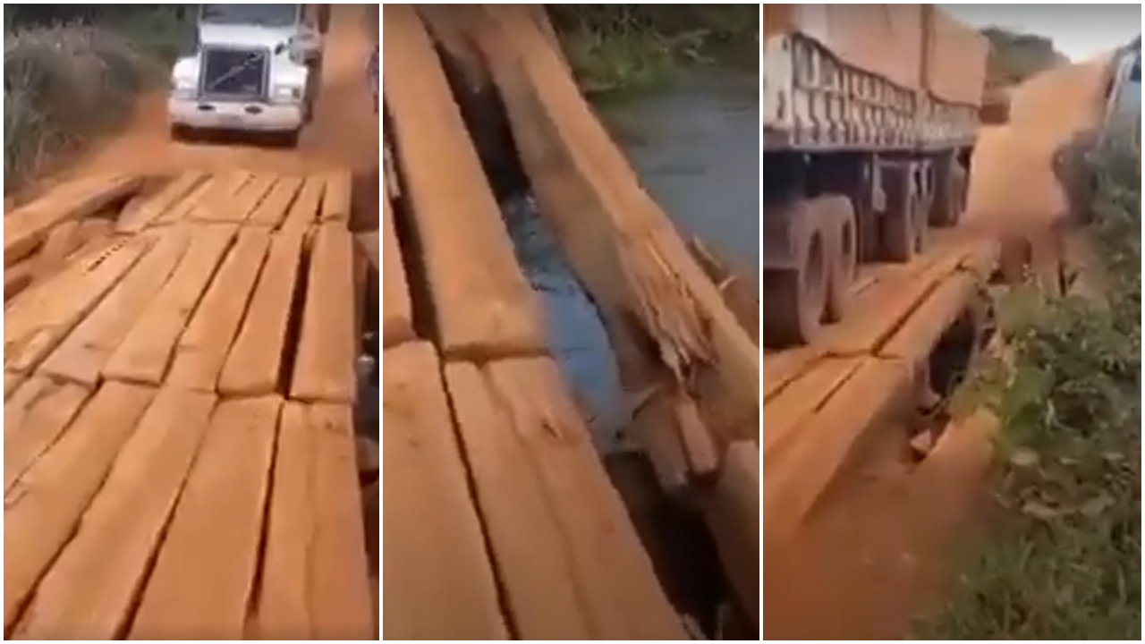 Video: Caminhão têm dificuldades para atravessar ponte precária na BR-158