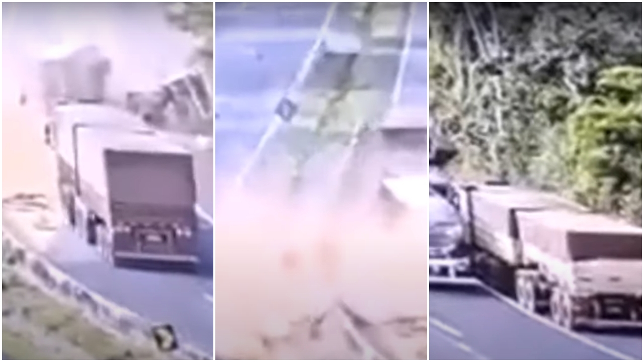 Video: Flagrante de caminhão tombando na curva