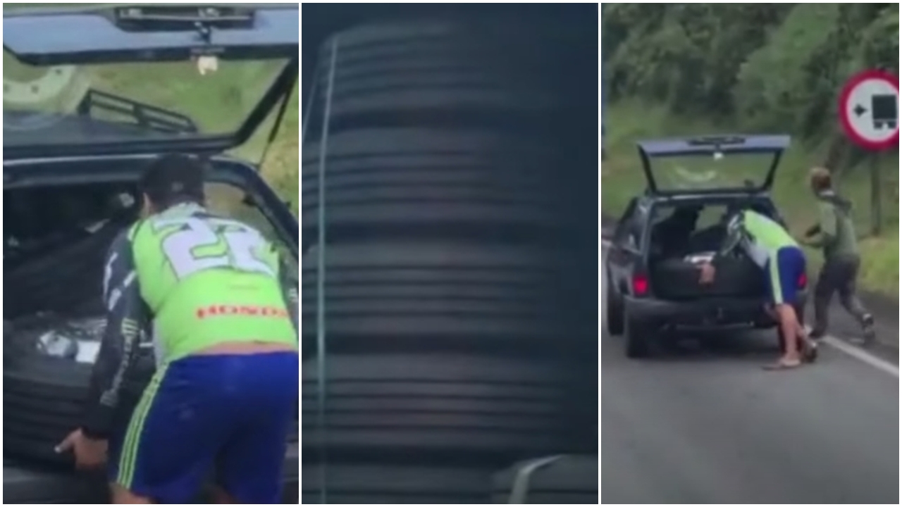 Vídeo mostra bandidos roubando pneus a luz do dia e que estava sendo transportado em carreta