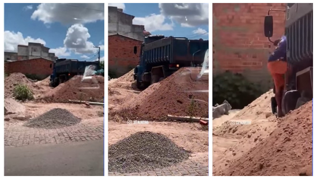Caminhoneiro prende o caminhão na hora de descarregar carga de areia