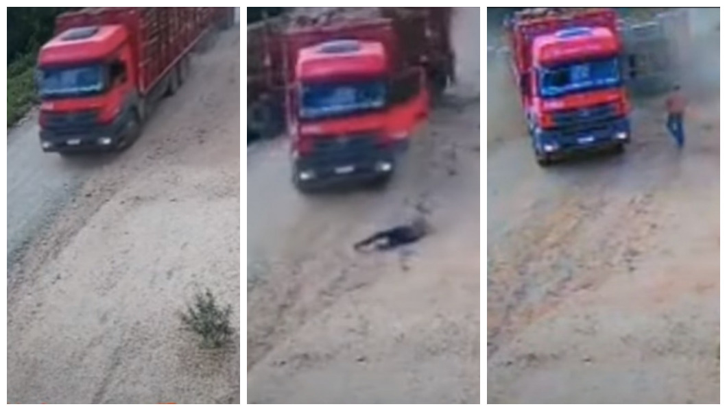 Vídeo Caminhoneiro esqueceu de acionar o freio de mão e quase foi atropelado