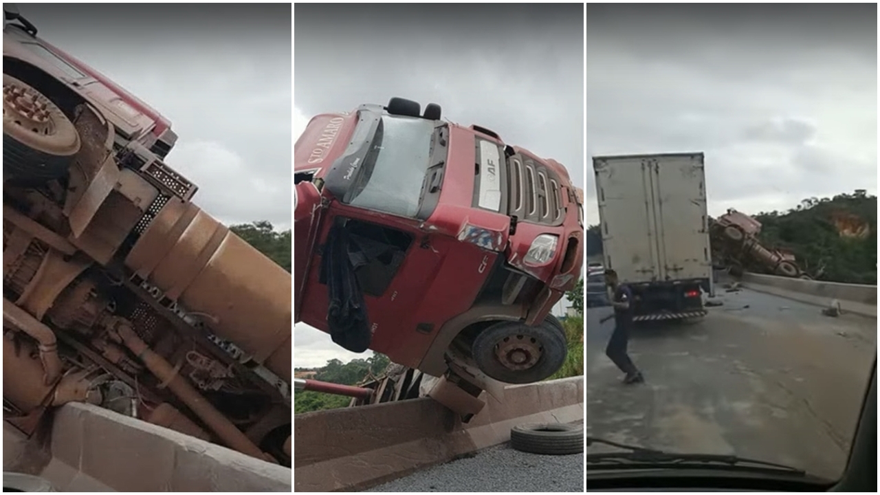 Caminhão que transportava cimento fica pendurado na Fernão Dias