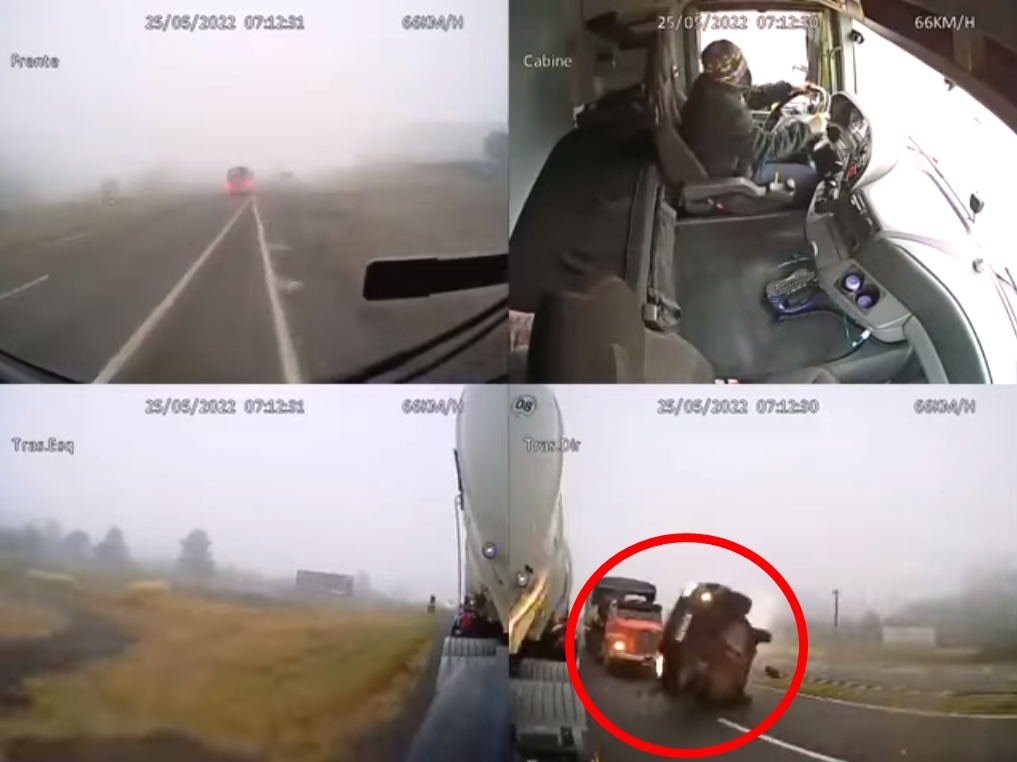 Uma câmera instalada na cabine de um caminhão filma um grave acidente no Paraná