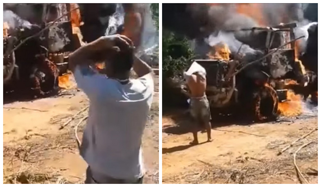 Caminhoneiro fica desolado ao ver seu caminhão pegar fogo