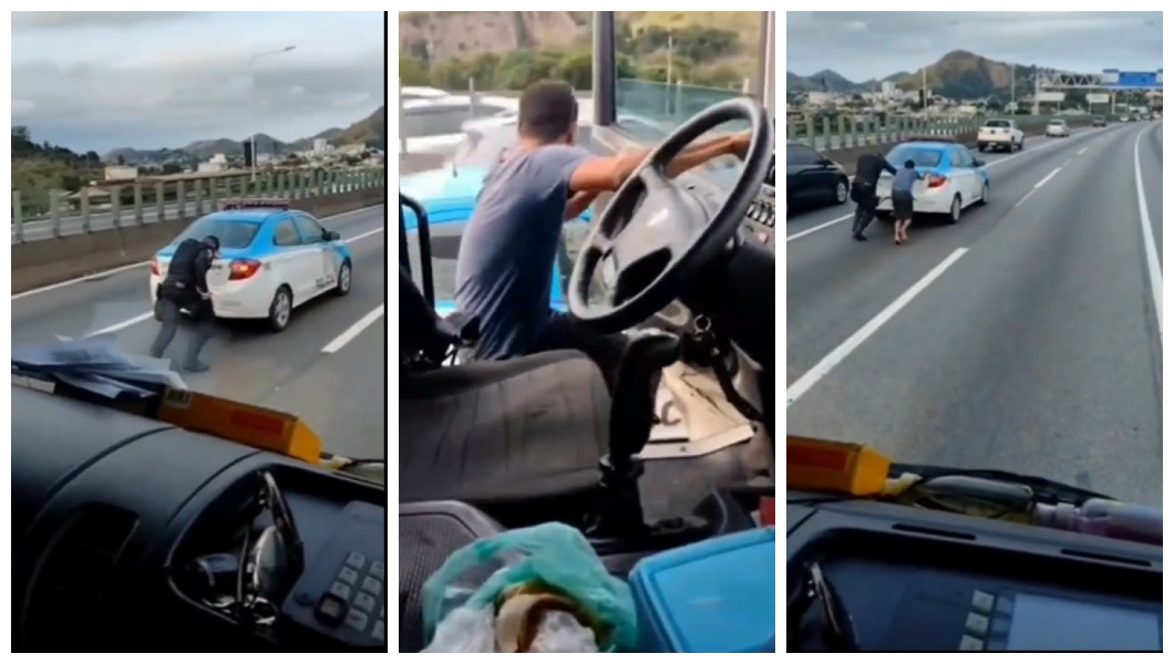 Caminhoneiro desce de caminhão para ajudar policial e empurra viatura da Polícia Militar