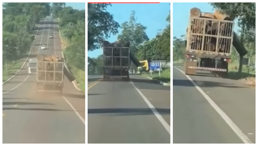 Caminhoneiro demonstra agilidade com carregamento de tora de madeira desprendido enquanto trafegava