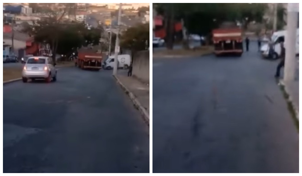 Homem corre atrás de caminhão após veículo descer desgovernado em rua