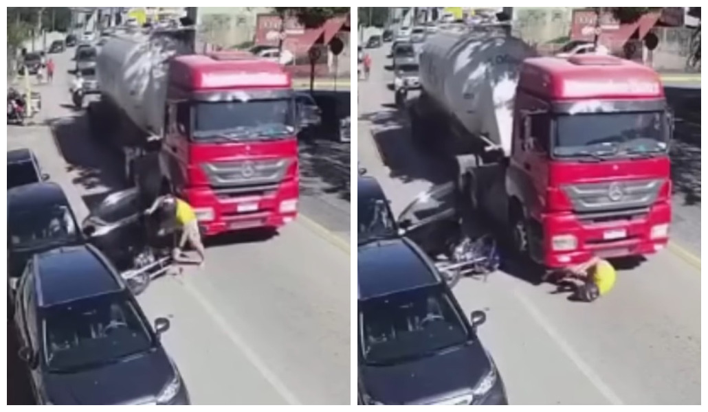 Motociclista é atropelado por caminhão após carro abrir porta e sobrevive