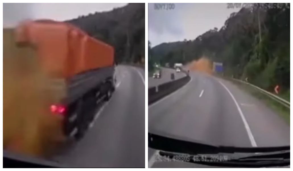 Vídeo mostra o exato momento que carreta perde freio e tomba na BR-277