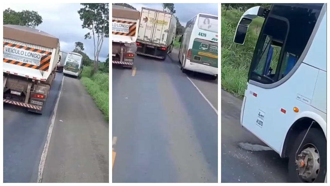  Caminhoneiro revoltado quebra vidro de ônibus no soco após fechada em trânsito