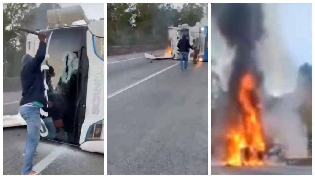 Motoristas se desesperam ao ver caminhoneiro preso às ferragens de veículo pegando fogo
